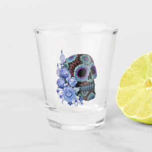Verre A Shot Blue Floral Black Sugar Skull Jour des morts