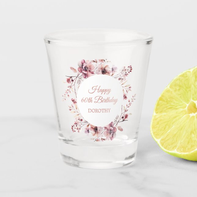 Verre A Shot Bougogne Dusty Rose Floral sur mesure 60e annivers (Devant)