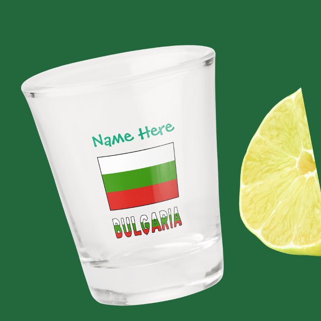 Verre A Shot Bulgarie Drapeau bulgare Personnalisé (Bulgarian Flag on shot glass with word BULGARIA below in flag colors..Green text for name above.)