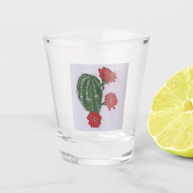 Verre A Shot Cactus Avec Fleurs Rouges 2 (Devant)