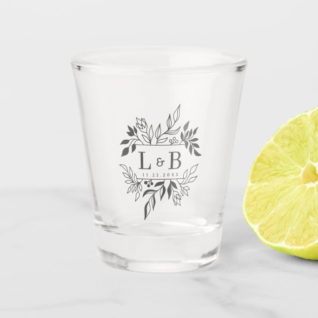 Verre A Shot Cadeau de Mariage Monogramme de Couple au Feuillag (Devant)