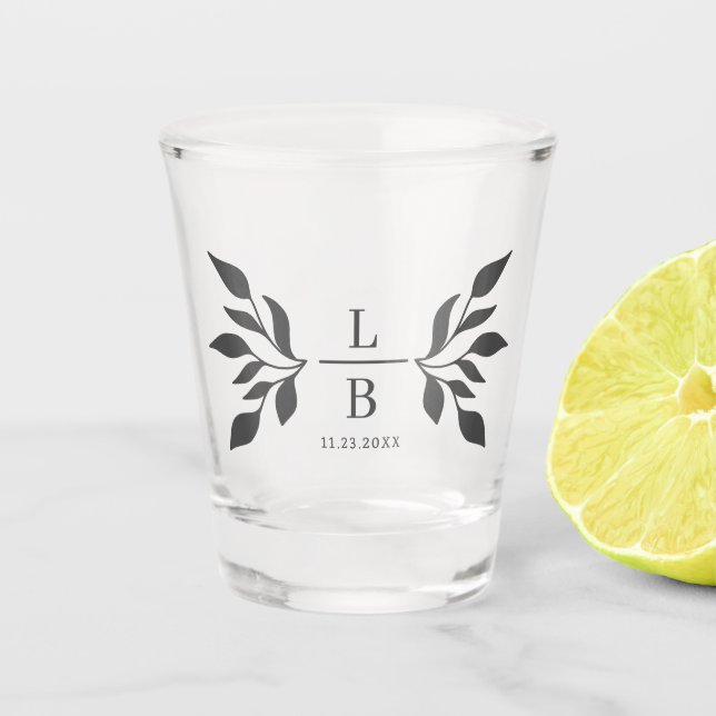 Verre A Shot Cadeau de Mariage Monogramme Moderne de Feuillage  (Devant)