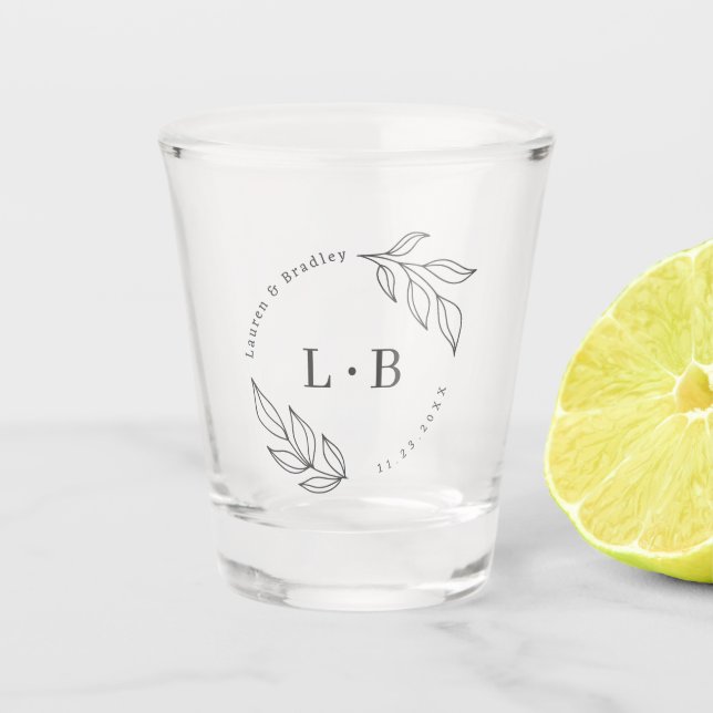 Verre A Shot Cadeau de Mariage Monogramme Moderne de Feuillage  (Devant)