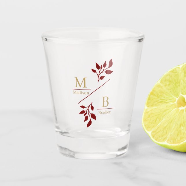 Verre A Shot Cadeau de Mariage Monogramme Moderne de Feuillage  (Devant)