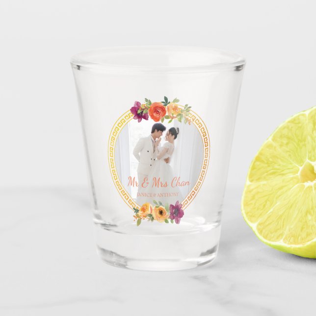Verre A Shot Cadre floral couple photo mariage beige m & mrs (Devant)