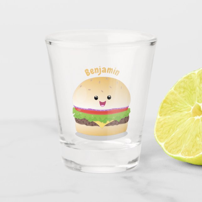 Verre A Shot Caricature de hamburger kawaii joyeux (Devant)