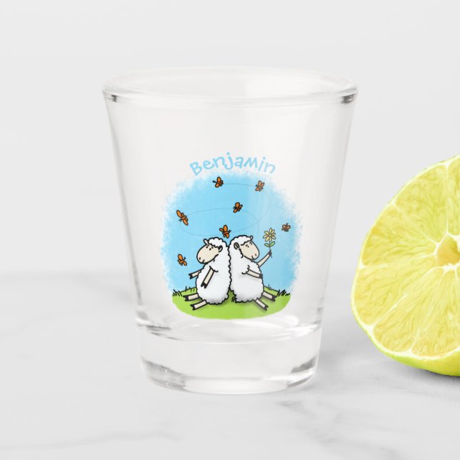 Verre A Shot Caricature de moutons mignons amis et papillons (Devant)