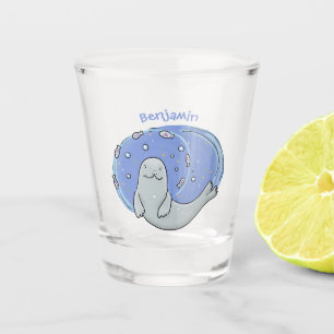 Verre A Shot Caricature joyeux de phoque et de poisson bleu