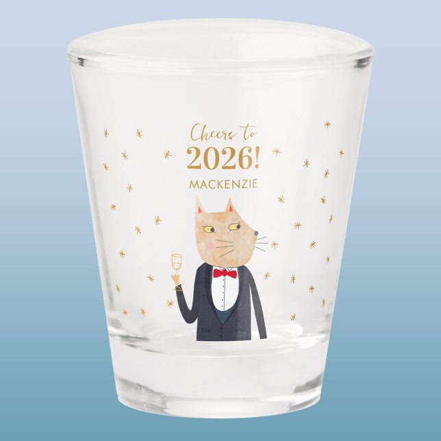 Verre A Shot Cat Cheers to 2026 New Year Personalized Name (Fun Cat in Tuxedo Suit personalized custom name and text Cheers to 2026 New Year shot glass)