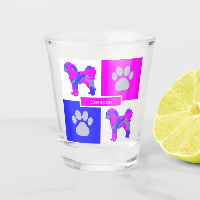 Verre A Shot Cavapoo Silhouette Chien & Paw Rose et Carré bleu (Devant)