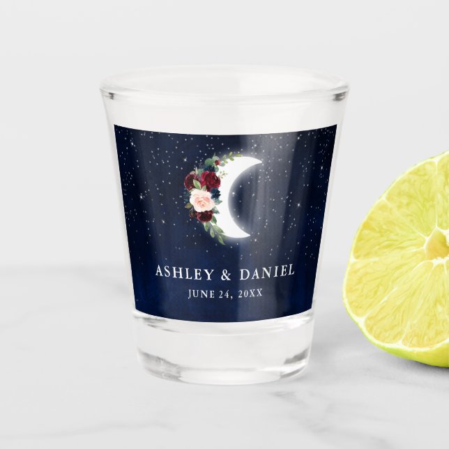 Verre A Shot Céleste Bourgogne Floral Moon Stars Mariage (Devant)