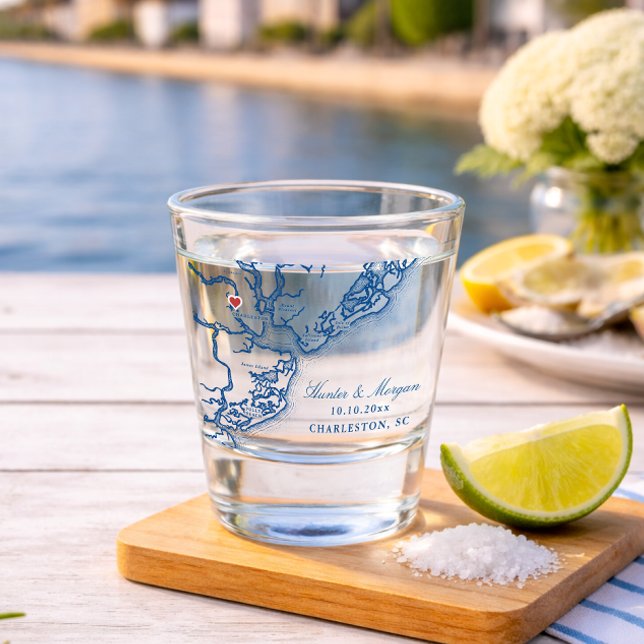 Verre A Shot Charleston SC Carte Elégant Marine Blue Wedding Fa (Charleston SC Map Wedding Shot Glass Coastal Chic Lowcountry Wedding Favor Coastal Map Designs)