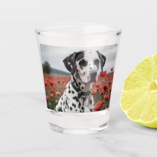 Verre A Shot Charmant Chien De Dalmation Dans Le Champ De Pavot