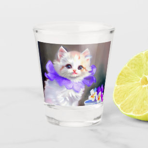 Verre A Shot Chat blanc avec collier de fleurs violettes