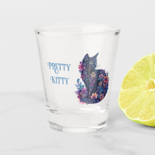 Verre A Shot Chat bleu noir Fleurs Joli Chat