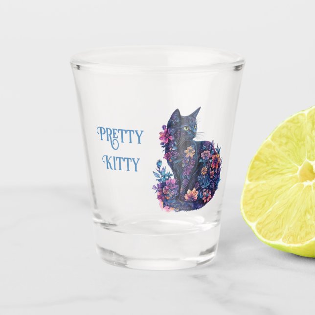 Verre A Shot Chat bleu noir Fleurs Joli Chat (Devant)