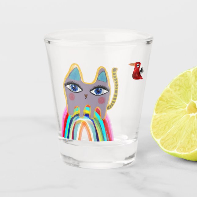 Verre A Shot Chat et oiseau (Devant)