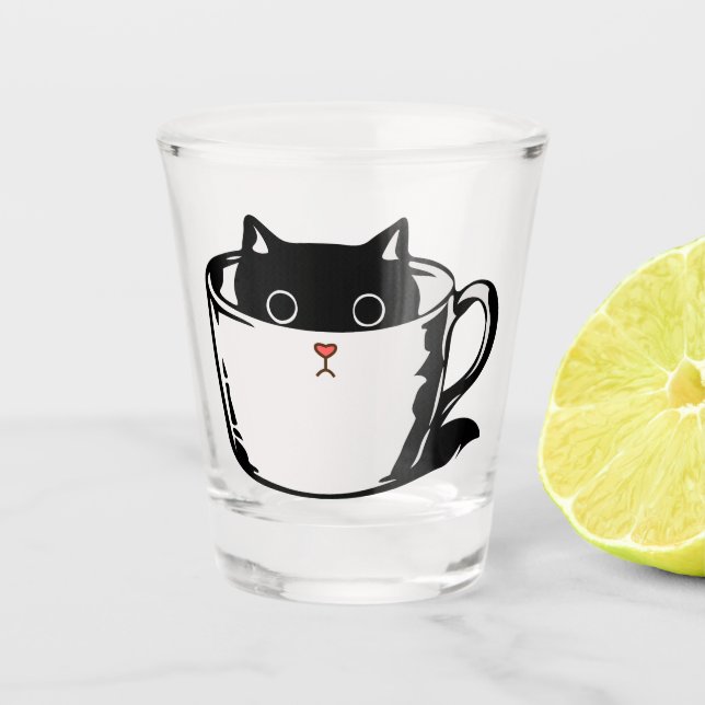 Verre A Shot Chaton noir avec nez rouge caché dans une tasse (Devant)