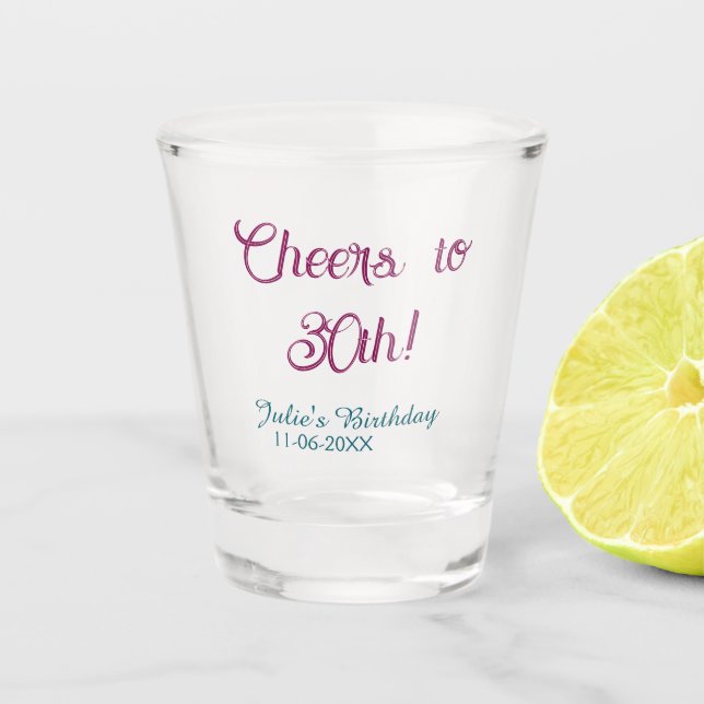 Verre A Shot Cheers to 30th birthday name date mauve blue elega (Devant)