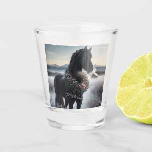 Verre A Shot Cheval noir dans la neige avec couronne de Noël
