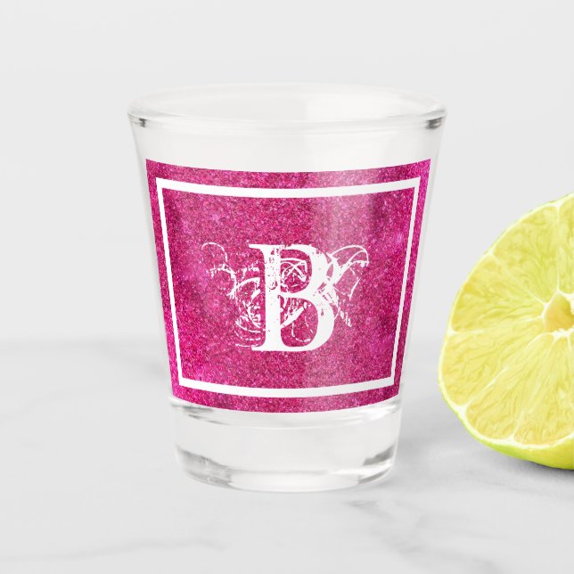 Verre A Shot Chic Cool Pink Pailleté Blanc Monogramme Initial (Devant)