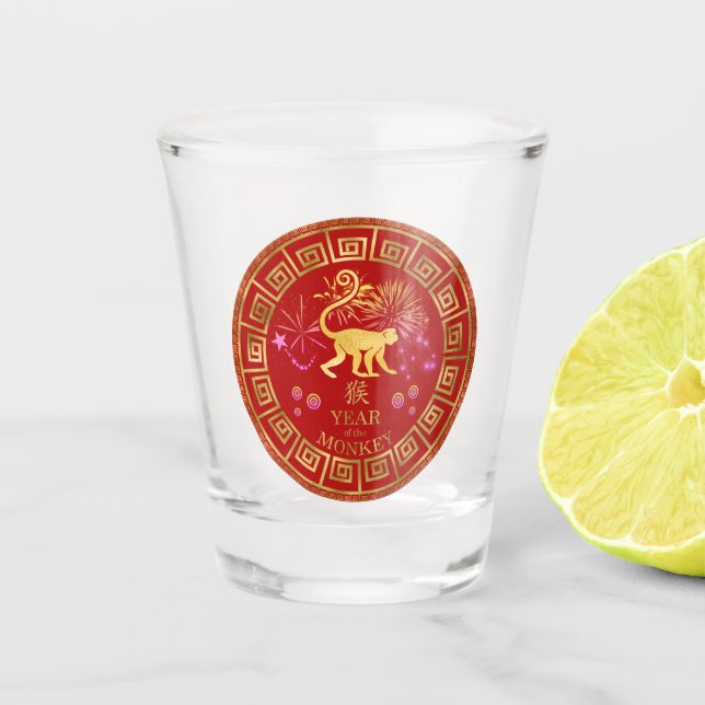 Verre A Shot Chinois Zodiac Singe Rouge/Or ID542 (Devant)