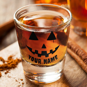 Verre A Shot Citrouille Halloween Personnalisée Nom Noir & Blan