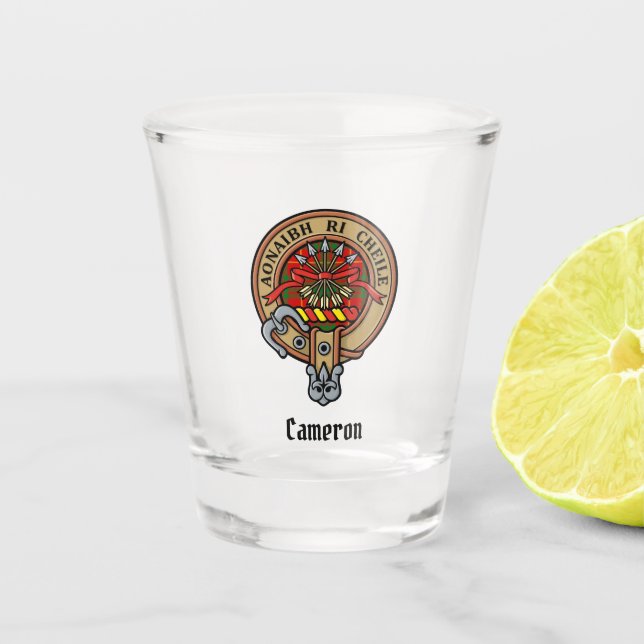 Verre A Shot Clan Cameron Crest sur Tartan (Devant)
