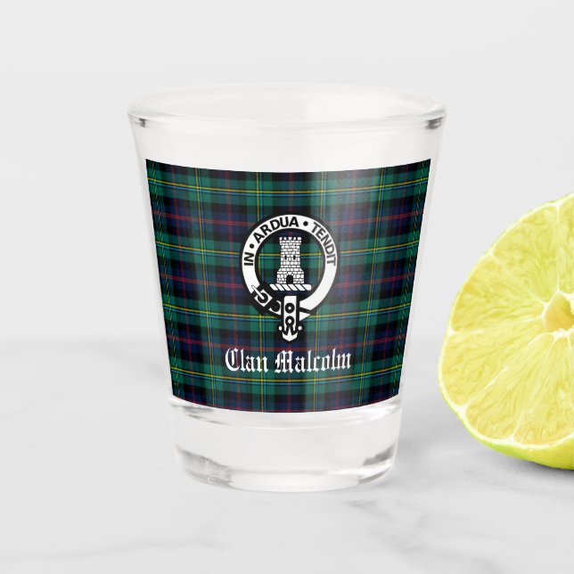 Verre A Shot Clan Malcolm Crest Badge et Tartan (Devant)