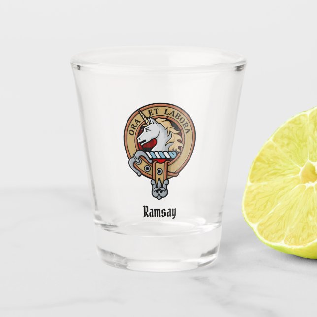 Verre A Shot Clan Ramsay Crest sur Red Tartan (Devant)