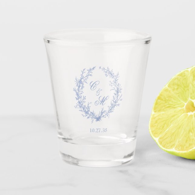 Verre A Shot Couronne de mariage botanique en monogramme bleu p (Devant)
