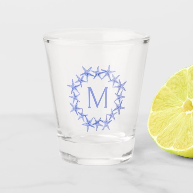 Verre A Shot Couronne de monogramme étoile de mer bleue et blan (Devant)