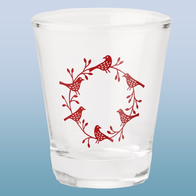 Verre A Shot Couronne scandinave d'oiseaux et de fleurs (Red Scandinavian bird wreath shot glass)