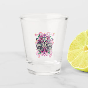 Verre A Shot Crâne floral, squelette aquarelle rose, Halloween.