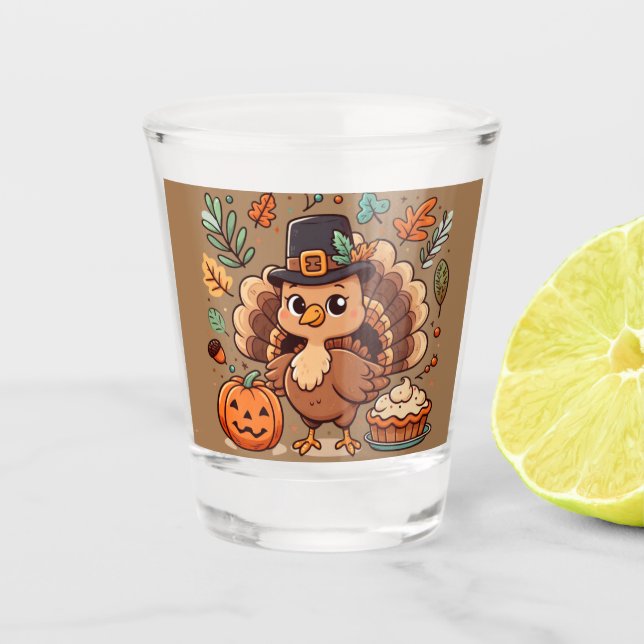 Verre A Shot Cute caricature Thanksgiving dinde et citrouille (Devant)