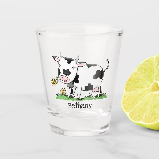 Verre A Shot Cute cow in green field cartoon illustration  (Devant)