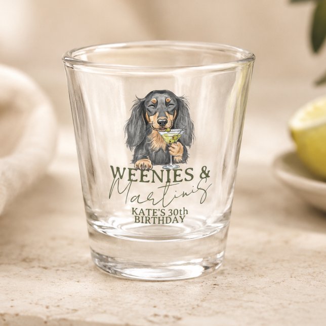 Verre A Shot Dachshund Weenies et Martinis dessinés à la main (Hand Drawn Weenies and Martinis Dachshund Shot Glass)