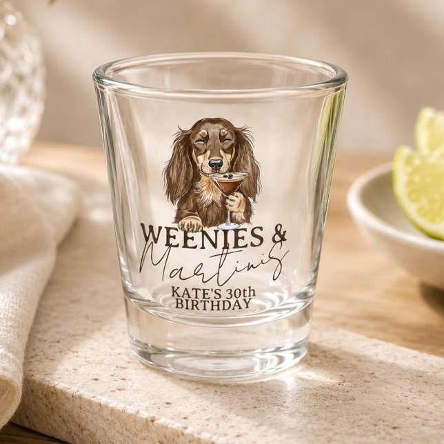 Verre A Shot Dachshund Weenies et Martinis Dessinés à la Main (Hand Drawn Weenies and Martinis Dachshund Shot Glass)