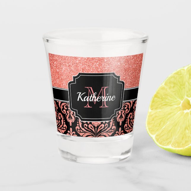 Verre A Shot Damassé rose de parties scintillantes d'or (Devant)