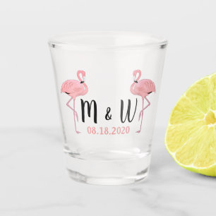 Verre A Shot Date personnalisée Monogramme joli Flamants roses 