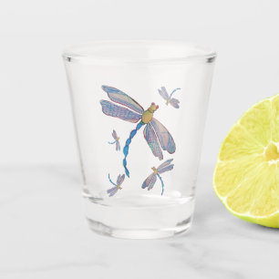 Verre A Shot Délicat vol rose et bleu de libellules
