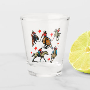 Verre A Shot Des Chauffeuses De Rodéo Occidentales À Cheval