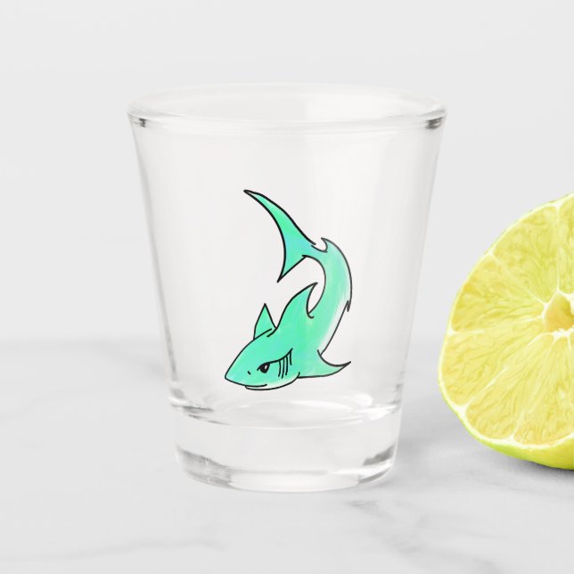 Verre A Shot dessin souriant requin menthe bleu vert océan anim (Devant)