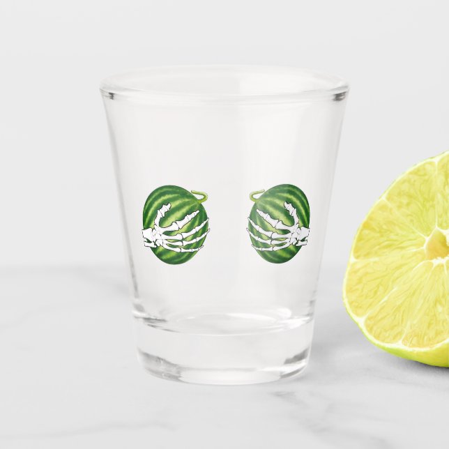 Verre A Shot Drôle Halloween Squelette mains tenant Melons (Devant)
