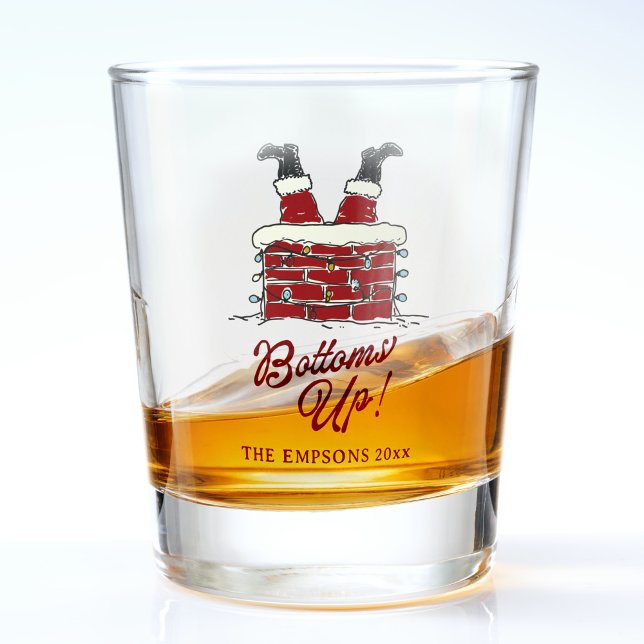 Verre A Shot Drôle Joyeux Noël Santa Cul Sec Friendmas (Funny Christmas shot glass with Santa’s legs upside down in a chimney and text reading Bottoms Up)