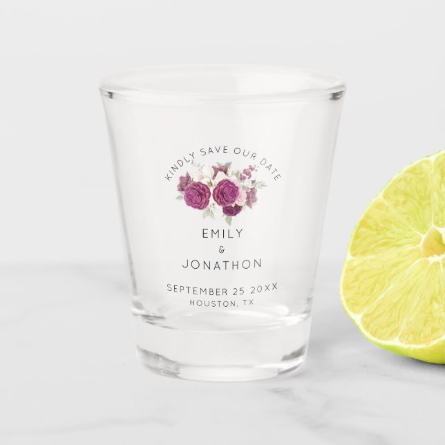 Verre A Shot Élégant Floral Bourgogne Garder La Date Enregistre (Devant)