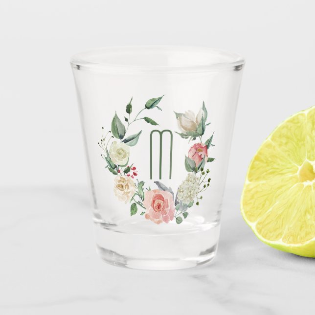 Verre A Shot Élégant monogramme de couronne rose (Devant)