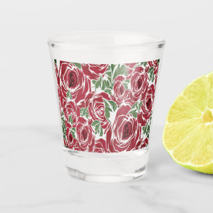 Verre A Shot Elégant Motif Rose Vintage - Rouge & Vert Floral