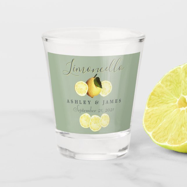 Verre A Shot Élégant Script Aquarelle Citron Mariage Limoncello (Devant)