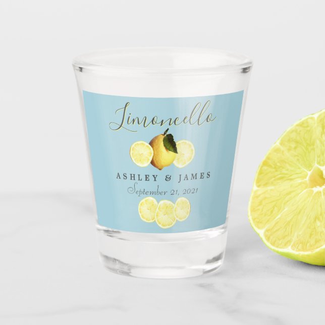 Verre A Shot Élégant Script Aquarelle Citron Mariage Limoncello (Devant)
